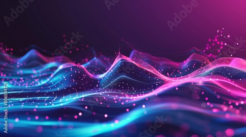 A dynamic wave of purple and blue light contrasts against a black background