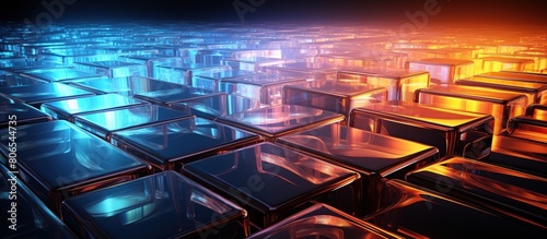 Glowing shiny metallic cubes in space. Technology background. photo