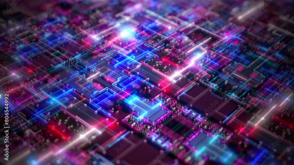 Futuristic neon circuit board technology, Close-up of circuit board with vivid pink and blue lights, Advanced technology digital data network and data transmission. Futuristic neon circuit board technology, Close-up of circuit board with vivid pink and blue lights, Advanced technology digital data network and data transmission.