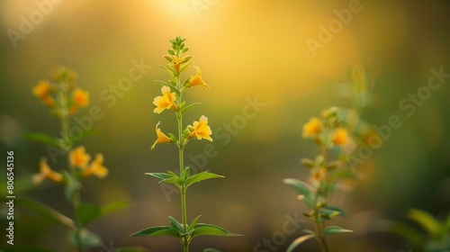 A close up view of a plant featuring vibrant yellow flowers in focus against a blurred background © red_orange_stock