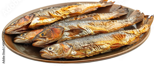 A horizontal view of a plate of dried fish isolated on a plain background or PNG for food type poster or graphic use, Generative AI.