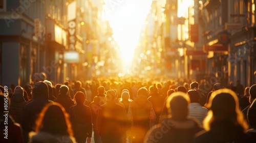 A bustling crowd of people walking down a city street during sunset photo