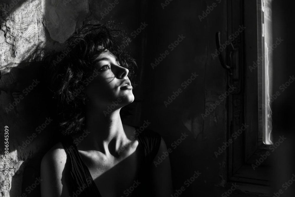A woman is looking out of a window A woman is looking out of a window