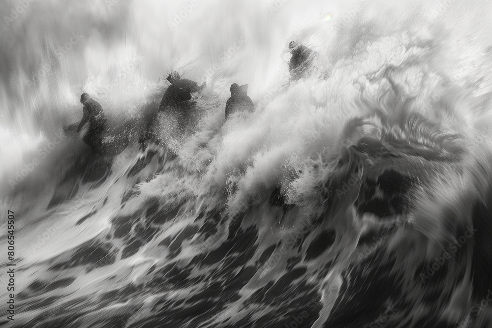 Silhouettes of people surviving in stormy ocean or in wild river. Black and white art, blur art photography style illustration. Silhouettes of people surviving in stormy ocean or in wild river. Black and white art, blur art photography style illustration.