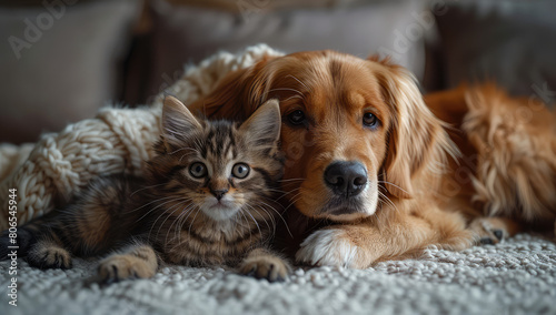 Golden Retriever and Cat Lying on Soft Blanket. Created with AI