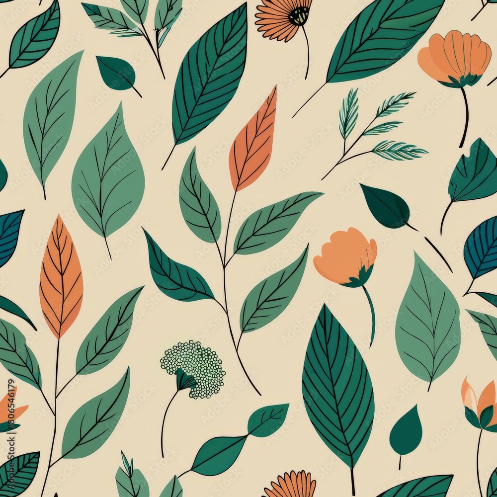 Fototapeta premium Seamless pattern of botanical illustrations featuring leaves, branches, and blossoms, drawn in fine detail with pen and ink for a timeless and elegant wrapping paper, Generative AI