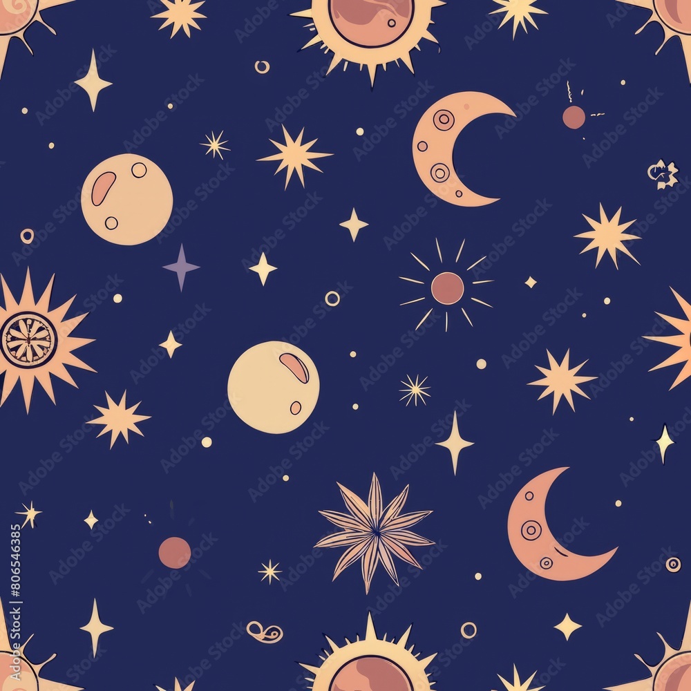 Seamless pattern of celestial motifs like moons, stars, and constellations, hand-drawn with intricate details and shimmering accents for a magical and enchanting wrapping paper, Generative AI