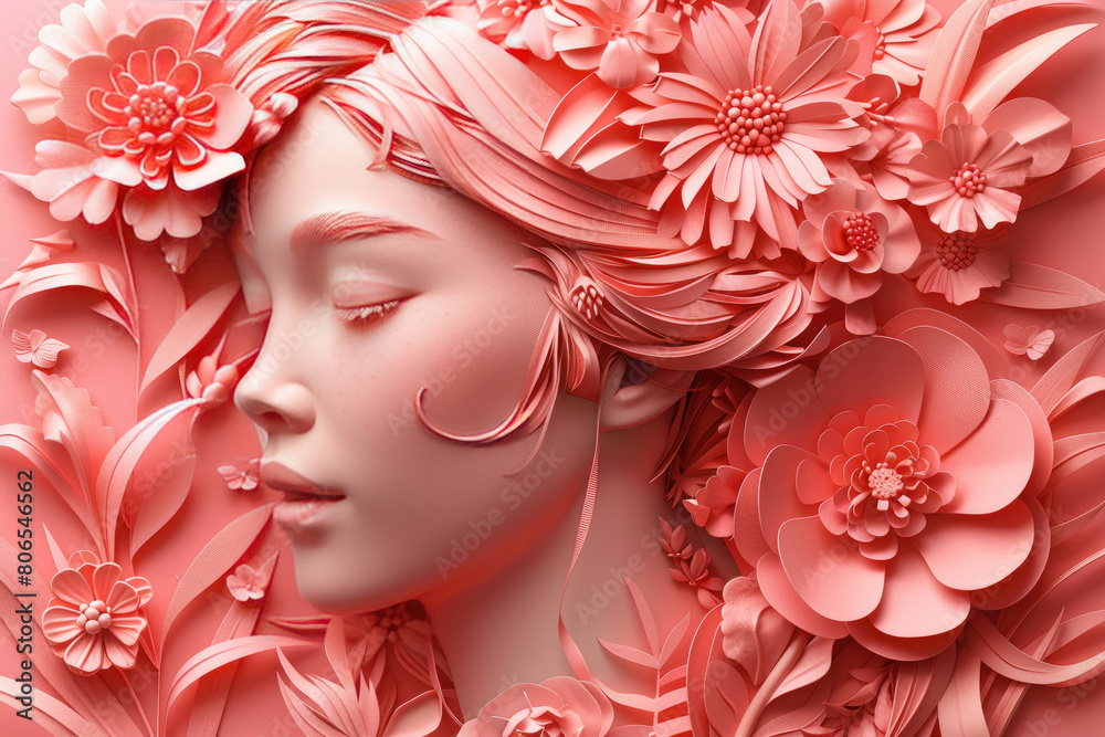 Pink floral woman portrait 3d paper art background, in the style of pink color, pink floral decoration. Created with Ai