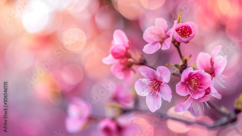 A tree branch adorned with pink flowers in full bloom