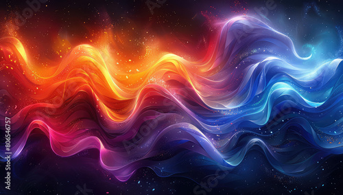  Abstract background with colorful waves of smoke  glowing fire and bright light on dark space for design banner. Created with Ai