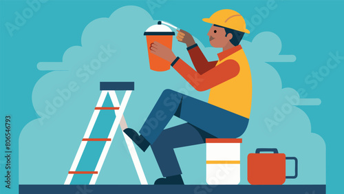A worker sitting on a ladder leaning against the wall and taking a sip of coffee from a thermos.. Vector illustration