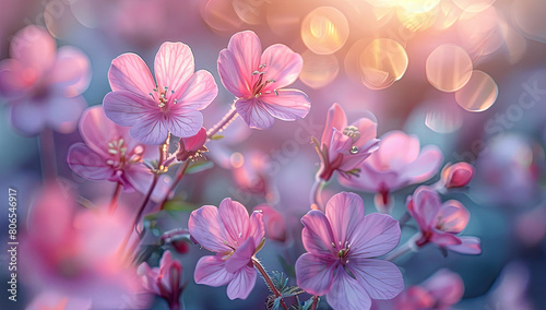 Beautiful spring flowers in pastel pink and blue colors against a bokeh background. Created with Ai © Digital Canvas