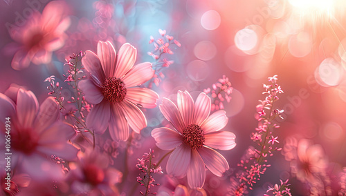 Beautiful spring flowers on a pastel pink and blue background with a blurred bokeh effect in the style of fantasy floral wallpaper. Created with Ai © Digital Canvas