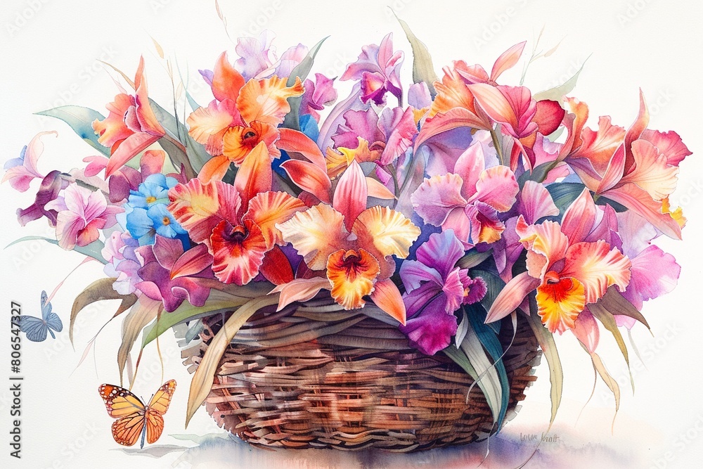 Obraz premium Beautiful hand drawn watercolor of a basket adorned with a bouquet of Cattleya orchids and butterflies, depicted in vibrant pastels on a white background
