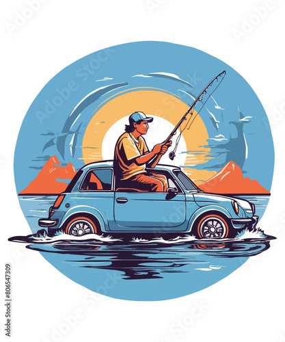 A fisherman catches fish with a fishing rod illustration