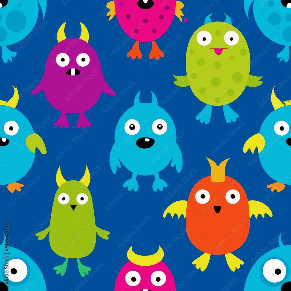 Seamless pattern of whimsical monsters and creatures, each hand-drawn with quirky charm and vibrant colors, adding a playful touch to your gift wrap, Generative AI