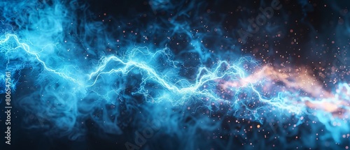 Electric blue sparks flying over a steel gray background illustrating high voltage electricity and energy in technology photo