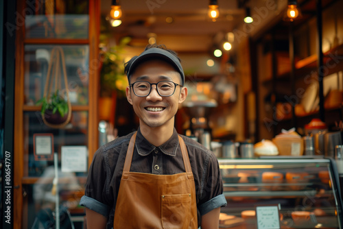small business owner standing crossed arm with coffee machine in his own coffee shop at counter. a smiling asian male barista stands outside a cafe