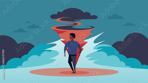 The stoic individual stands in the center of a tornado their stoic stance a symbol of resilience in the face of turmoil.. Vector illustration