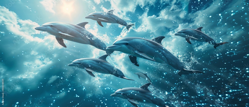 Fototapeta premium Digital artwork of a school of dolphins swimming through streams of cloud data symbolizing agile datadriven strategies in business