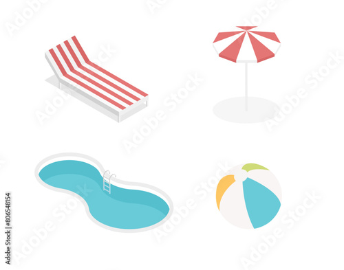 Isometric set icons of summer pool holiday. Swimming pool, umbrella. Vector illustration isolated on white background