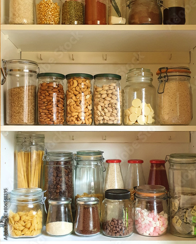 фотографія recycled reusable glass jars on pantry shelf with food at home in kitchen
