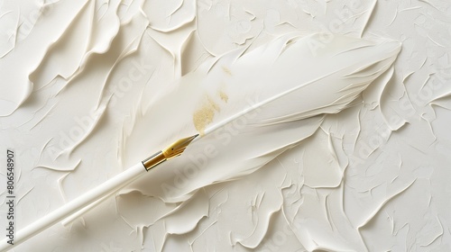 A panoramic view of a modern, white feather quill pen, its tip dipped in golden ink, set against a fancy, textured white paper background, blending the traditional with contemporary elegance. 