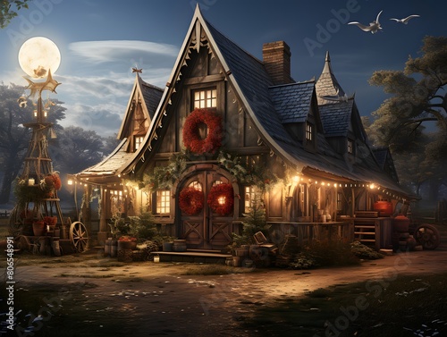 3D rendering of a fairy tale house in the forest at night © Michelle