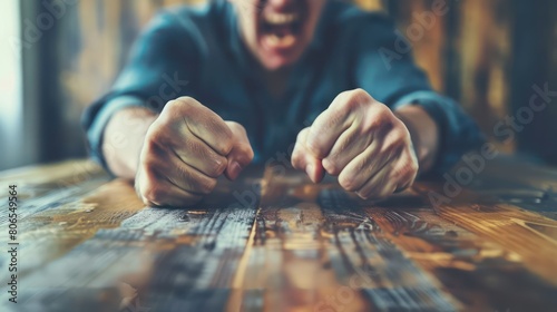 A person pounding on a table with clenched fists, expressing anger and aggression.  photo