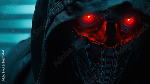 Evil skeleton robot in metal armor. Skull of futuristic evil cyborg in hood. Technology, robotics, artificial intelligence and future concept.