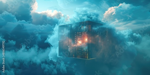 A cloud cube with a data center inside floating in the sky, rendered in the style of octane, a 3D illustration, with highly detailed photography at a high resolution photo