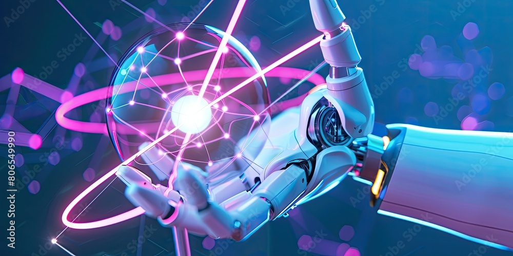 A white robot hand holding an atom with glowing energy lines in the air against a blue background, in a futuristic style, with high resolution