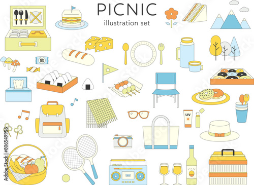 ピクニック　イラスト　セット　ライン　線画　行楽　アウトドア　レクリエーション　お弁当　ハイキング