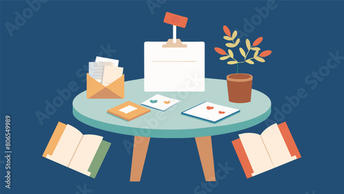 Instead of a traditional guest book thrifted postcards are tered on a table for guests to write their well wishes creating a unique and budgetfriendly. Vector illustration