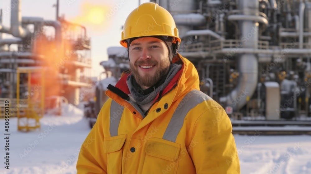 Smiling young engineer wearing helmet and oil work clothes in winter.AI generated image Smiling young engineer wearing helmet and oil work clothes in winter.AI generated image