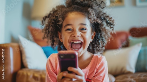 Close-up of a child's excited expression as they receive helpful responses from a virtual AI chatbot on a mobile application.