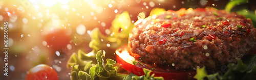 Captivating the Essence of Eid ul Adha Through a Luxurious Close-Up of a Cooked Minced Meat Cutlet with Fragrant Herbs and Spices, Under the Radiant Glow of Sunlight and Soft Bokeh