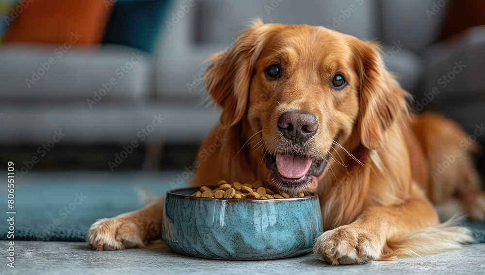 A happy dog eating from an elegant blue ceramic bowl filled with dry food, sitting on the floor of a modern living room. Created with Ai