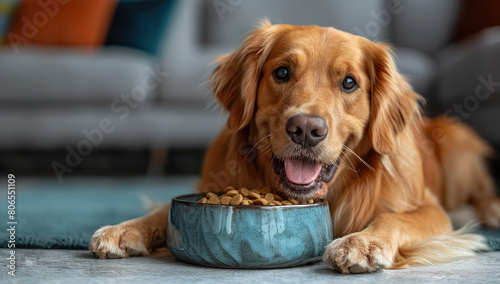 A happy dog eating from an elegant blue ceramic bowl filled with dry food  sitting on the floor of a modern living room. Created with Ai