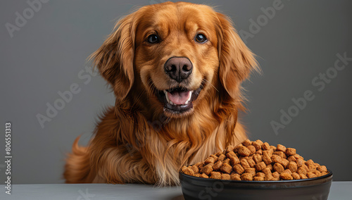  A happy golden retriever sitting next to a bowl of dog food in a professional photography on a gray background. Created with Ai