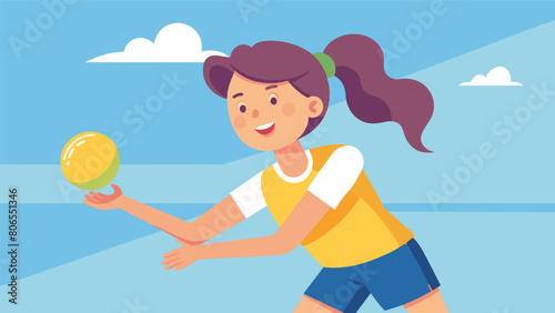 A young girl enthusiastically serving the ball in a game of pickleball a sign of the upswing in youth participation in the sport.. Vector illustration photo