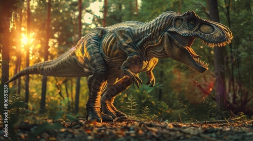AI-generated majestic dinosaurs in a prehistoric landscape. Tyrannosaurus  t-rex. The concept of time when dinosaurs ruled the Earth.