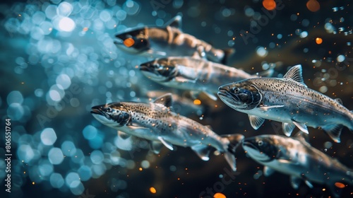 A school of salmon jumping upstream against a flow of digital data symbolizing upstream data management challenges photo