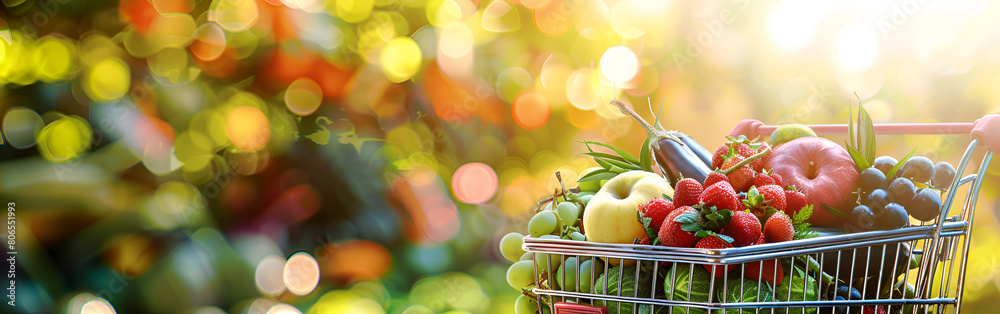Shopping basket containing fresh foods with blurry background isolated for supermarket grocery food
