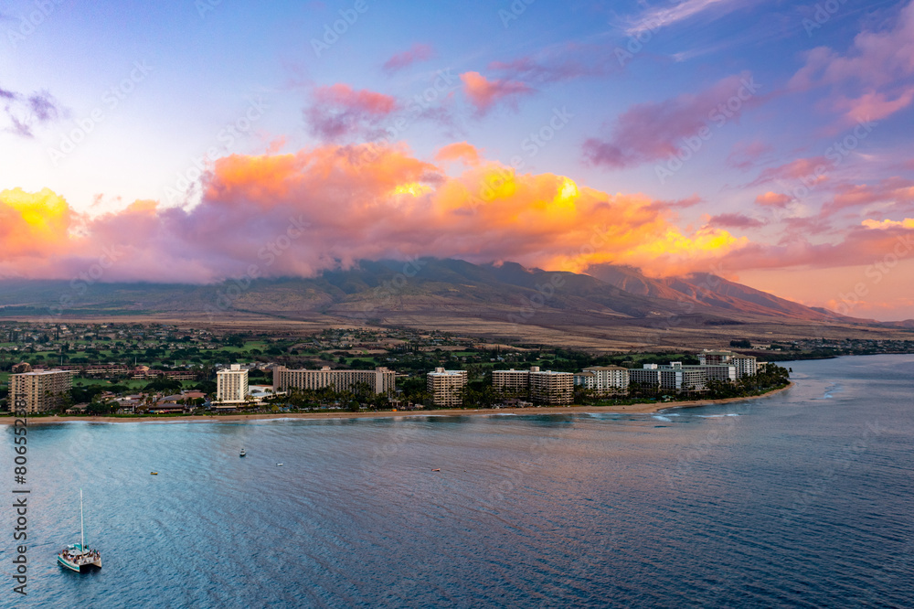 Kaanapali Beach Resort at Sunset with Colorful Clouds Over the West Maui Mountains