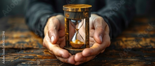 A pair of hands holding a small delicate hourglass representing the philosophical exploration of time and mortality photo