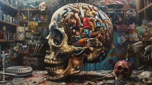Surreal Collage of Skulls Representing a Culture of Memory Trading and Consumption