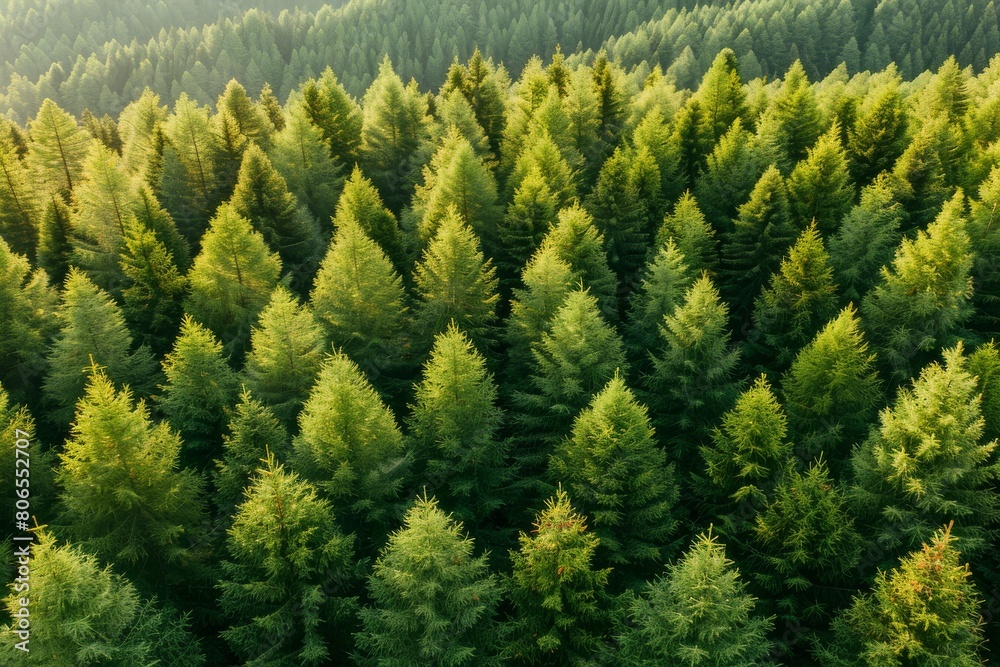 landscape of a beautiful, lush pine forest on a natural green background