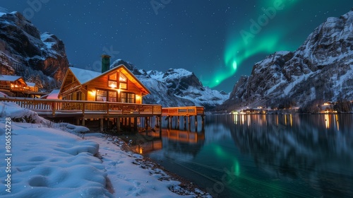 Northern lights, house on the snow photo