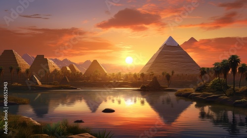 Landscape with ancient Egyptian pyramids  beautiful sky and sunset. The concept of ancient history. AI-generated.